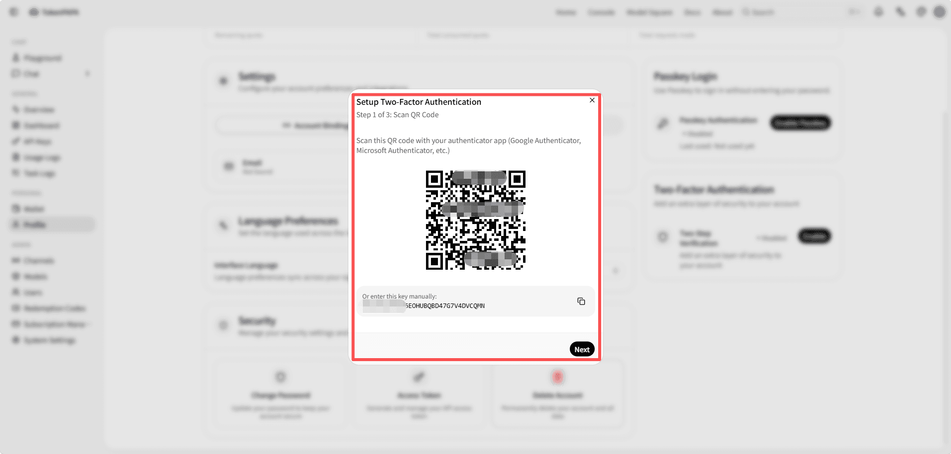 2FA QR code dialog