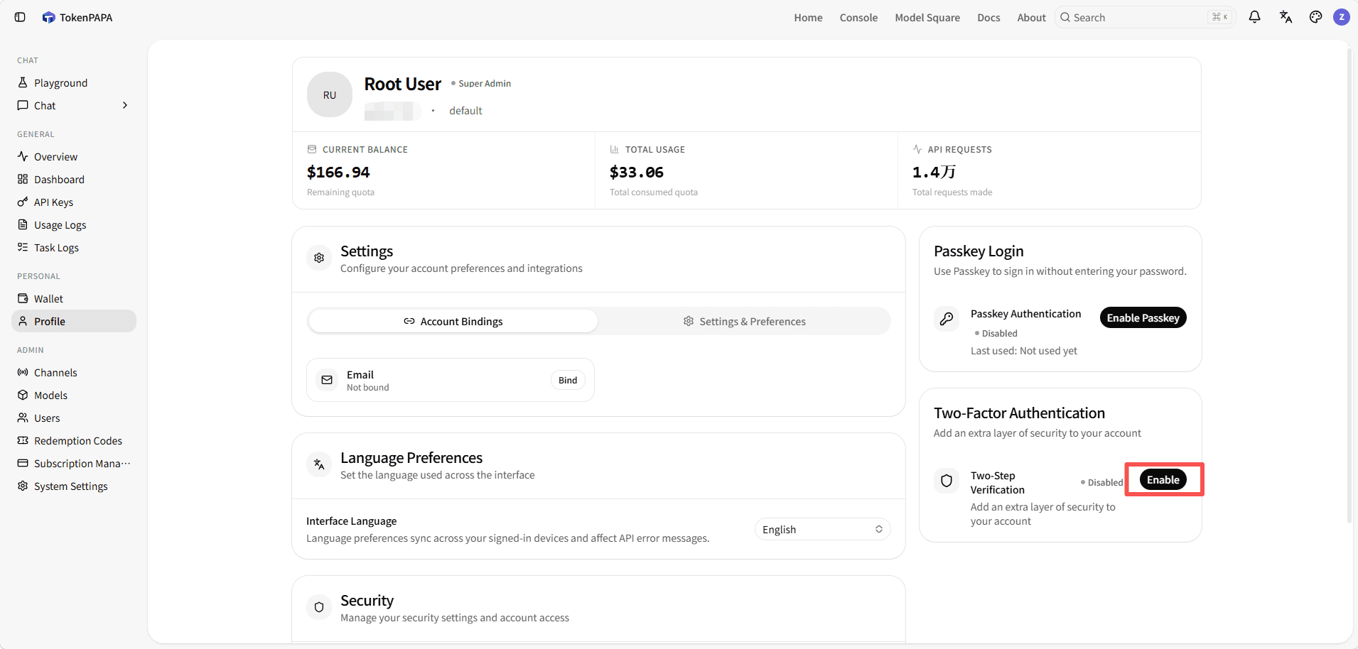 2FA settings section
