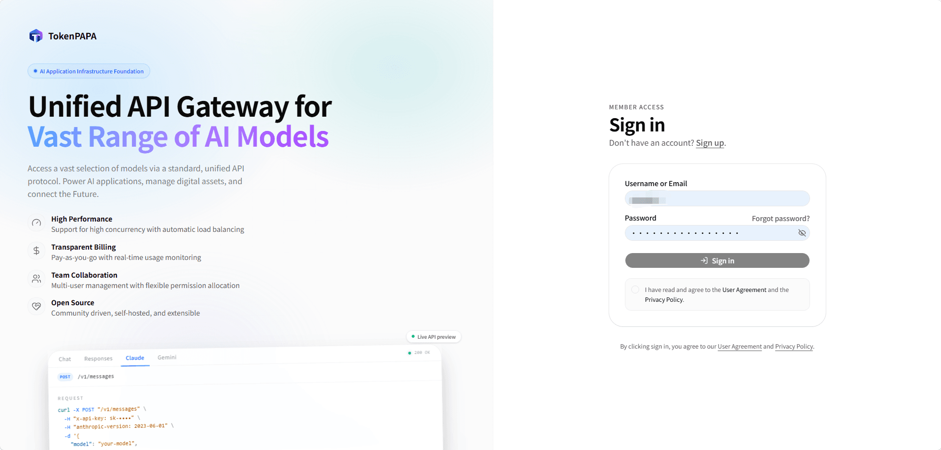 Login page