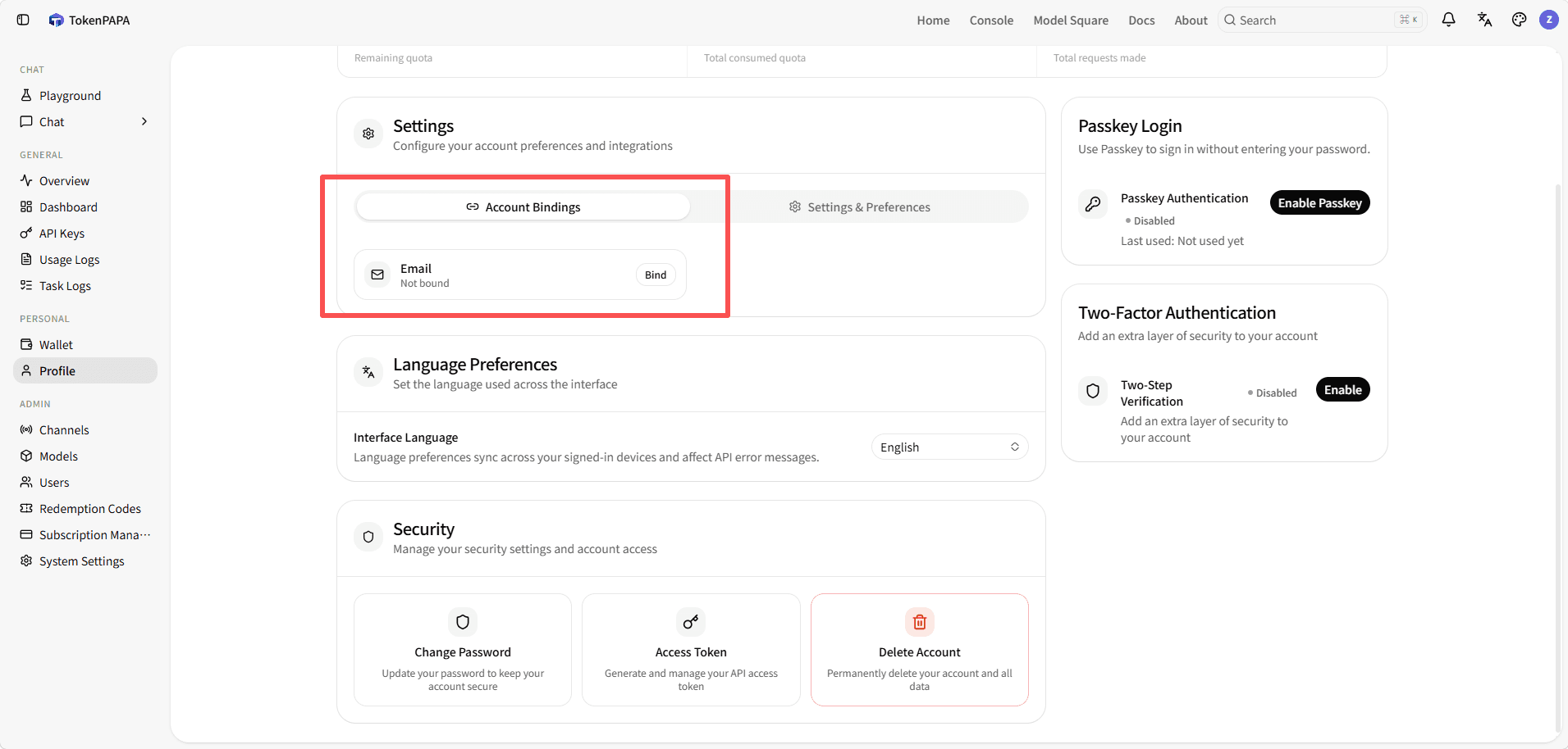 Third-party account binding section