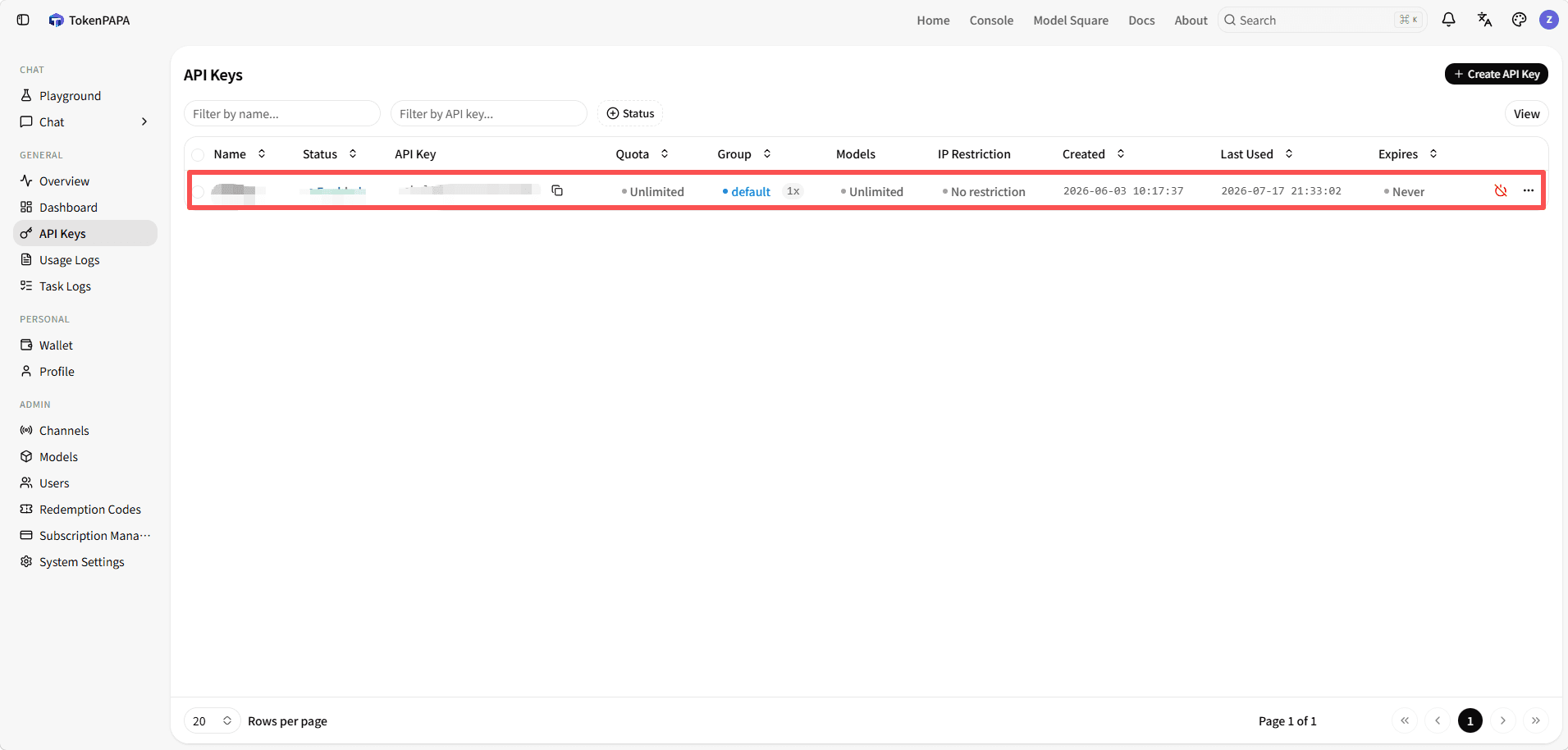 Token created successfully, showing full key