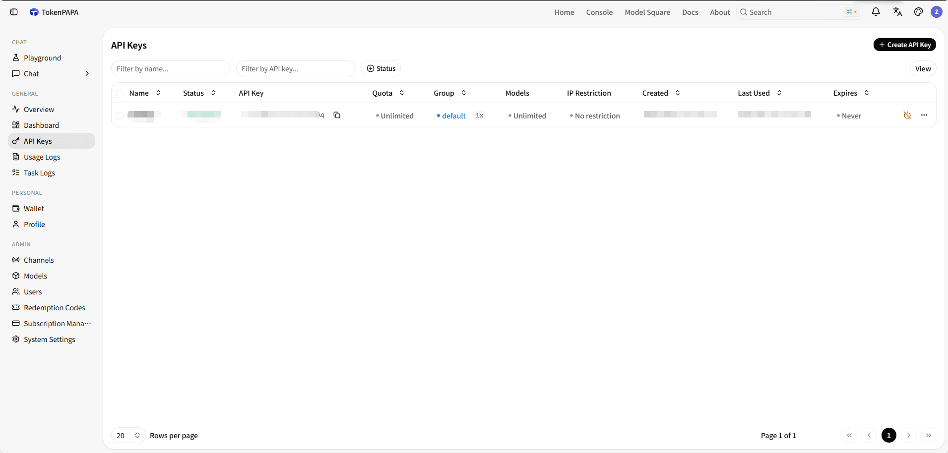 Token list page