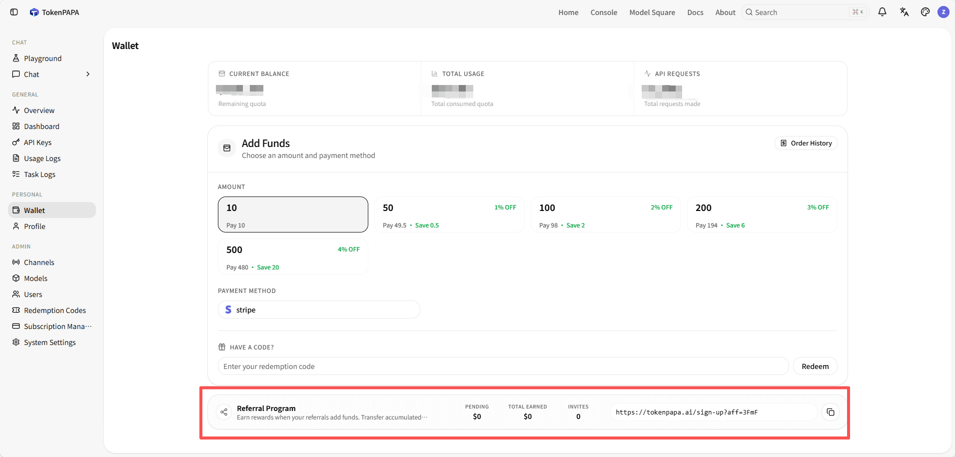 Referral code and rewards section